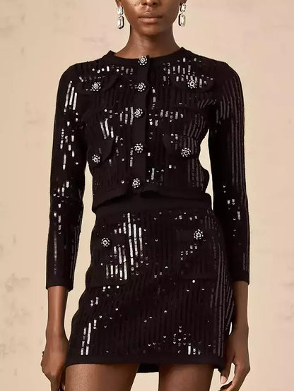 Black Sequin Cropped Cardigan and Skirt Set with shimmering sequins for a stylish look