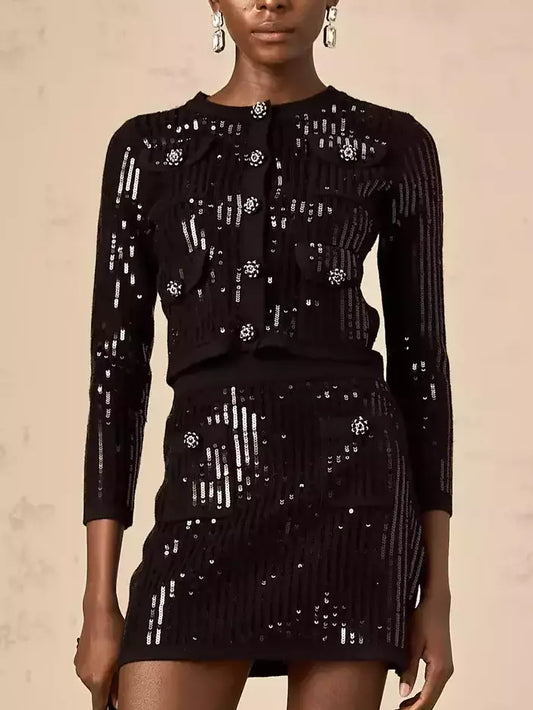 Black Sequin Cropped Cardigan and Skirt Set with shimmering sequins for a stylish look