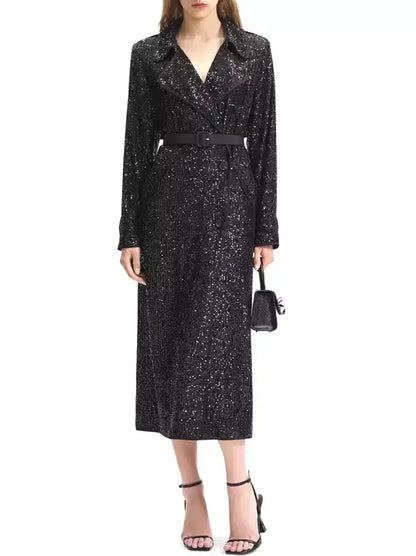 Black Sequin Double-Breasted Belted Trench Coat - Coats