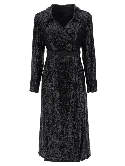 Black Sequin Double-Breasted Belted Trench Coat - Coats