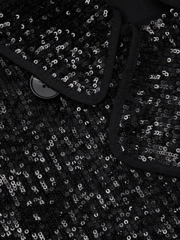 Black Sequin Double-Breasted Belted Trench Coat - Coats
