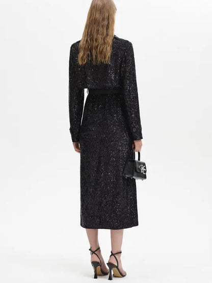 Black Sequin Double-Breasted Belted Trench Coat - Coats
