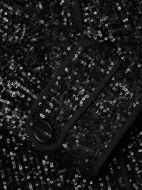 Black Sequin Double-Breasted Belted Trench Coat - Coats