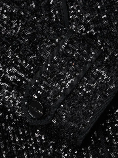 Black Sequin Double-Breasted Belted Trench Coat - Coats