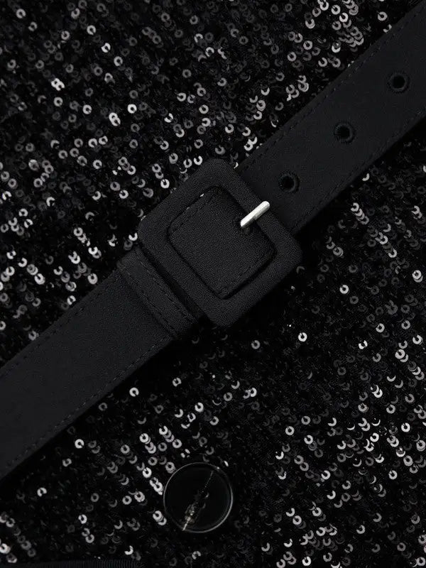 Black Sequin Double-Breasted Belted Trench Coat - Coats