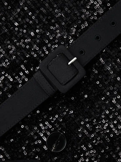 Black Sequin Double-Breasted Belted Trench Coat - Coats