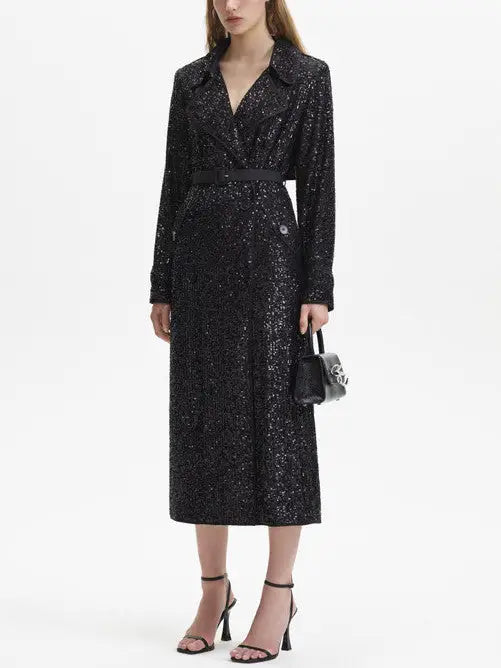 Black Sequin Double-Breasted Belted Trench Coat - Coats