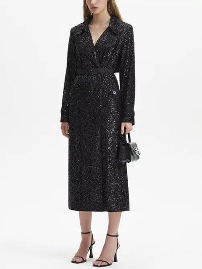 Black Sequin Double-Breasted Belted Trench Coat - Coats