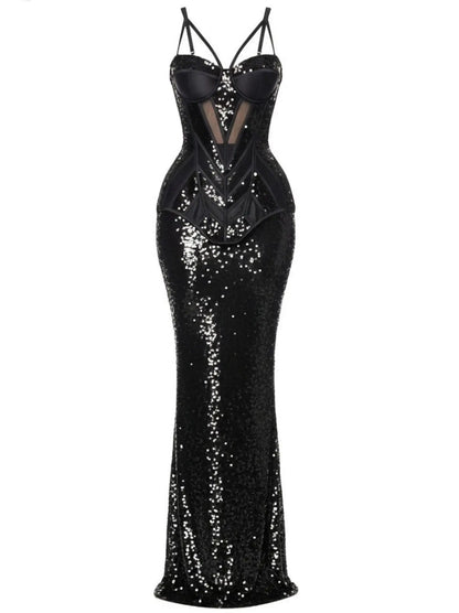 Black Sequin-Embellished Bustier Velvet Panel Gown - Dresses