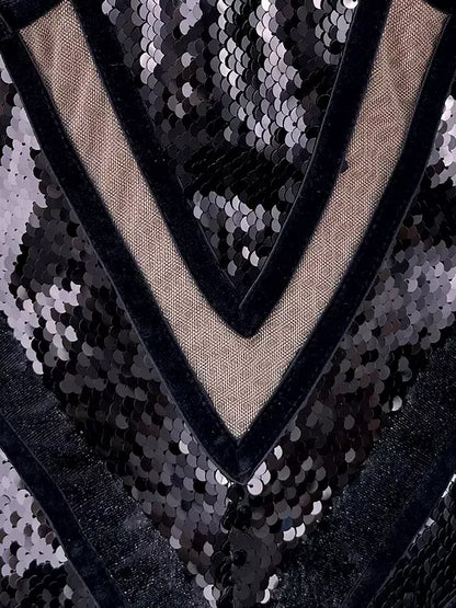 Black Sequin-Embellished Bustier Velvet Panel Gown - Dresses