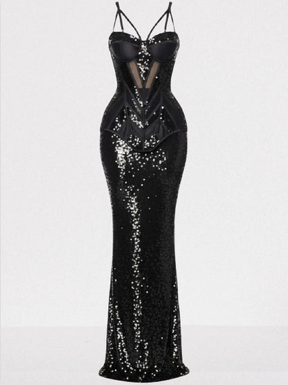 Black Sequin-Embellished Bustier Velvet Panel Gown - Dresses