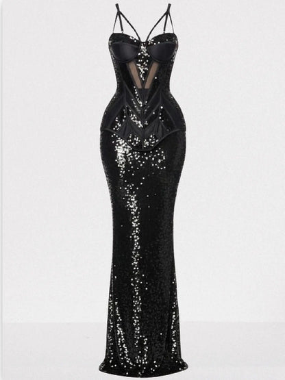 Black Sequin-Embellished Bustier Velvet Panel Gown - Small - Dresses