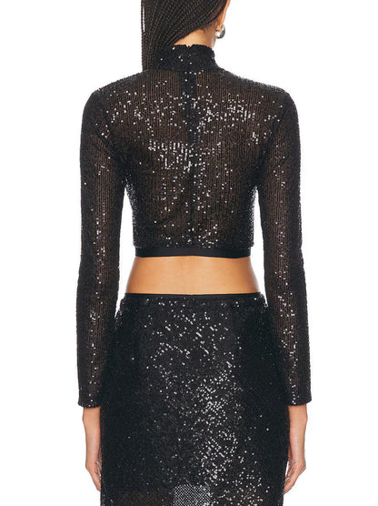 Black Sequin Embellished Crop Top and Skirt Set - Suits & Sets
