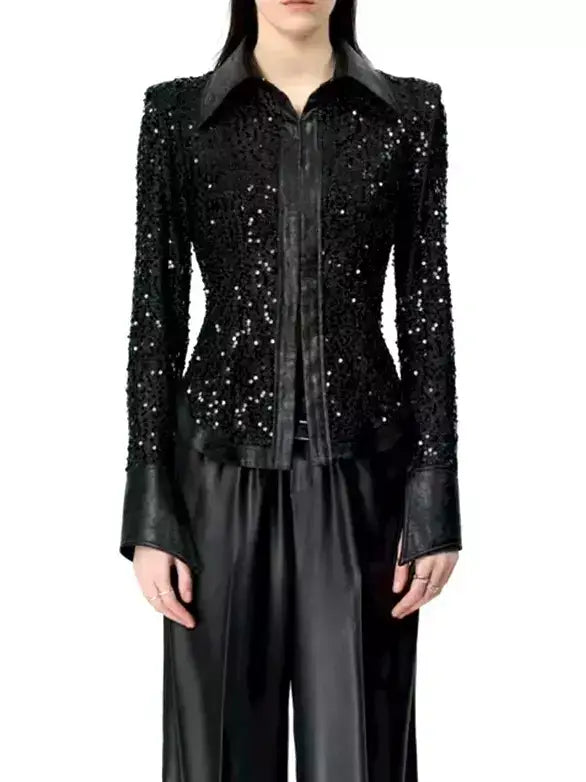 Black Sequin-Embellished Faux-Leather Trim Shirt - S - Tops