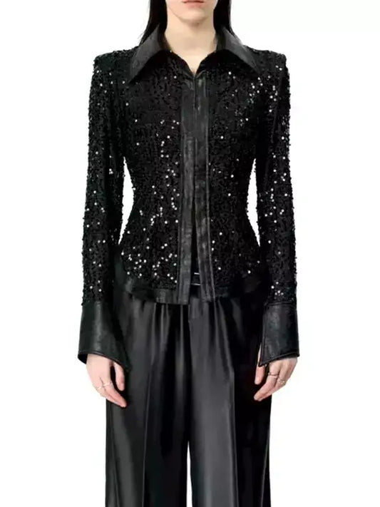 Black Sequin-Embellished Faux-Leather Trim Shirt - S - Tops