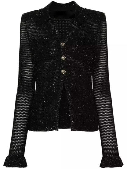 Black Sequin-Embellished Open-Knit Cardigan - Sweaters & Knitwear