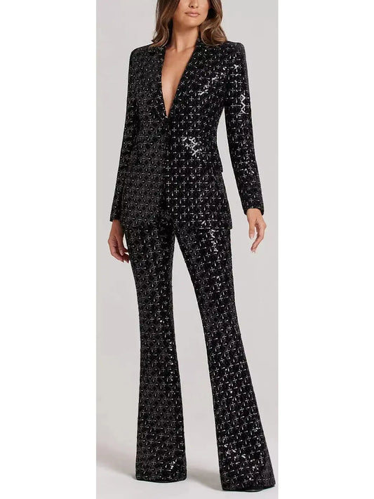 Black Sequin-Embellished Single-Breasted Fitted Jacket and Flared Pant Suit - Suits & Sets