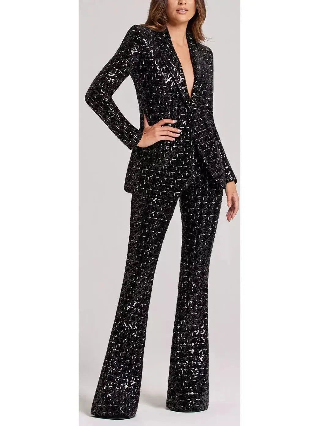 Black Sequin-Embellished Single-Breasted Fitted Jacket and Flared Pant Suit - Suits & Sets