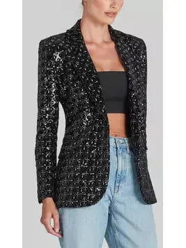 Black Sequin-Embellished Single-Breasted Fitted Jacket and Flared Pant Suit - Suits & Sets