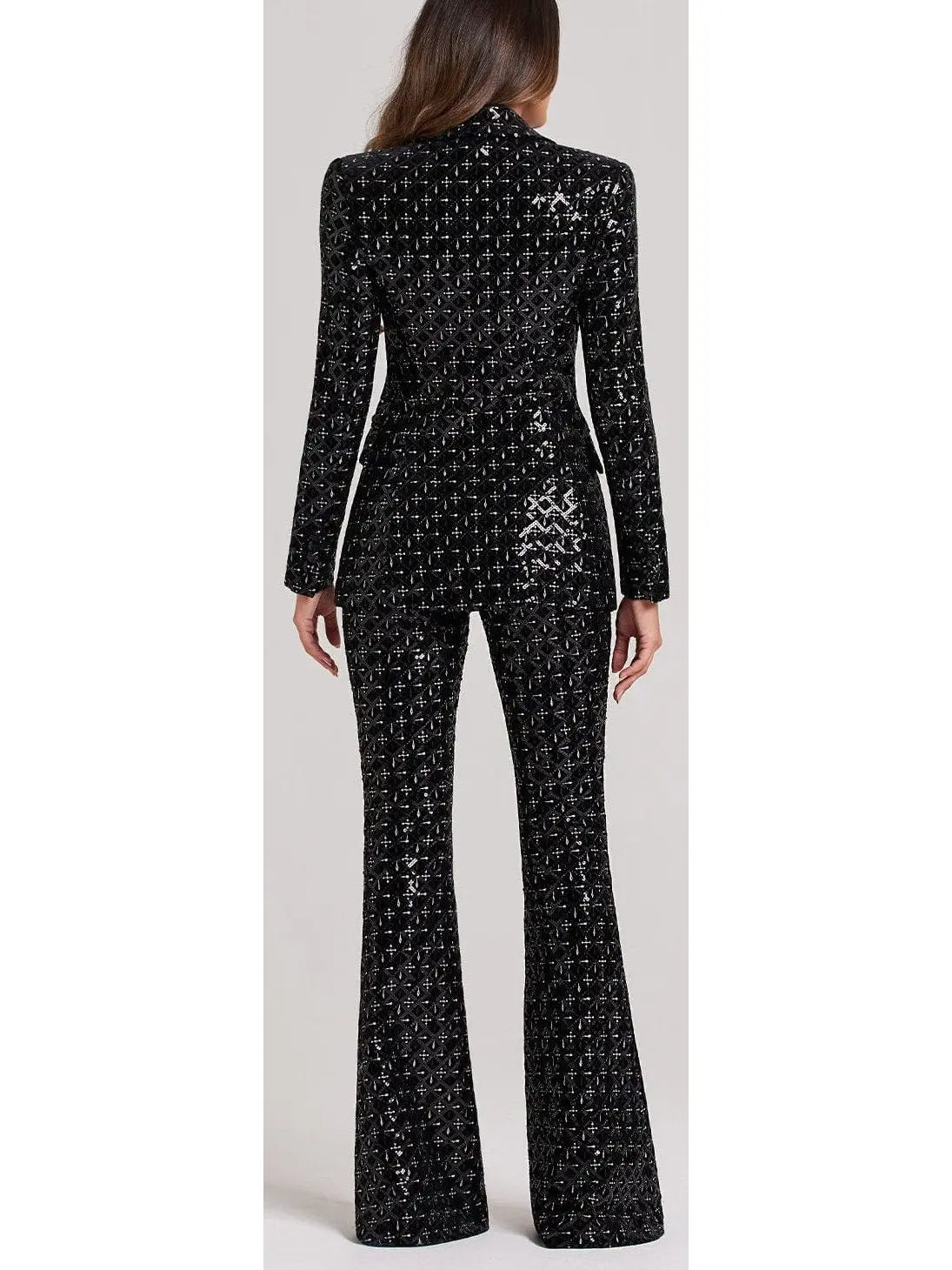 Black Sequin-Embellished Single-Breasted Fitted Jacket and Flared Pant Suit - Suits & Sets