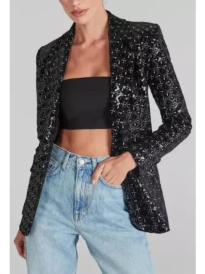 Black Sequin-Embellished Single-Breasted Fitted Jacket and Flared Pant Suit - Suits & Sets