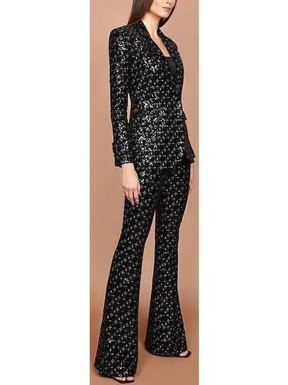 Black Sequin-Embellished Single-Breasted Fitted Jacket and Flared Pant Suit - Suits & Sets