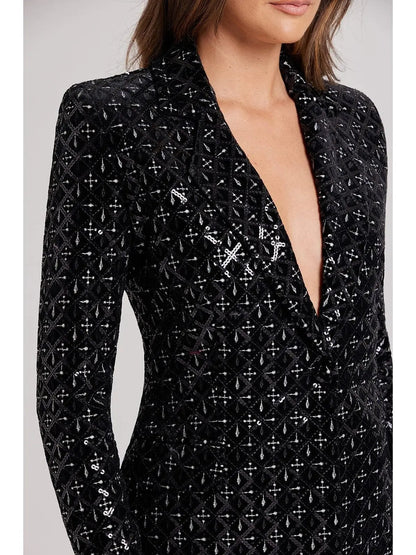 Black Sequin-Embellished Single-Breasted Fitted Jacket and Flared Pant Suit - Suits & Sets