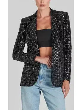 Black Sequin-Embellished Single-Breasted Fitted Jacket and Flared Pant Suit - Suits & Sets