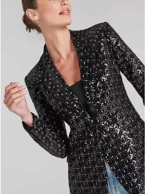 Black Sequin-Embellished Single-Breasted Fitted Jacket and Flared Pant Suit - Suits & Sets