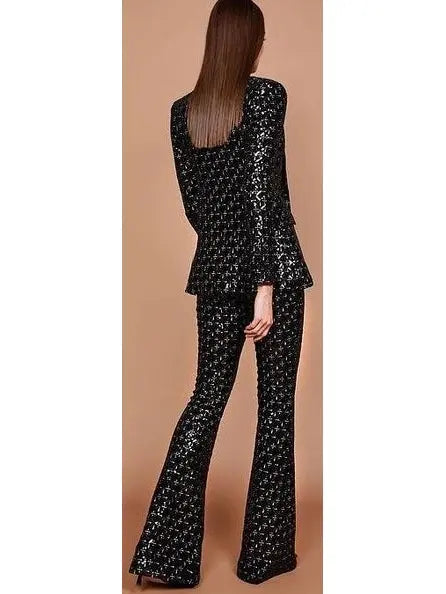 Black Sequin-Embellished Single-Breasted Fitted Jacket and Flared Pant Suit - Suits & Sets