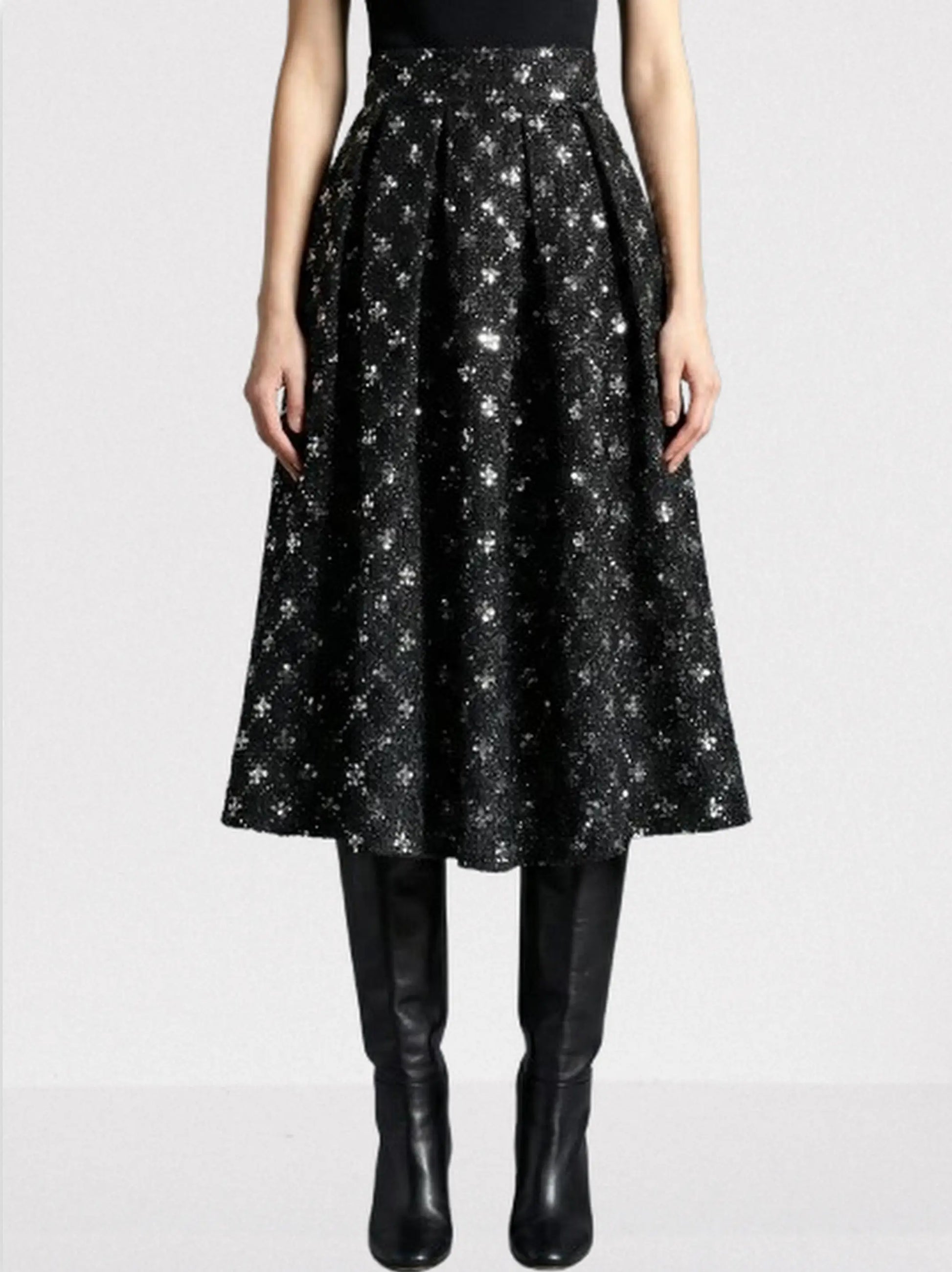 Black Sequin-Embellished Tweed Midi Skirt - Skirts