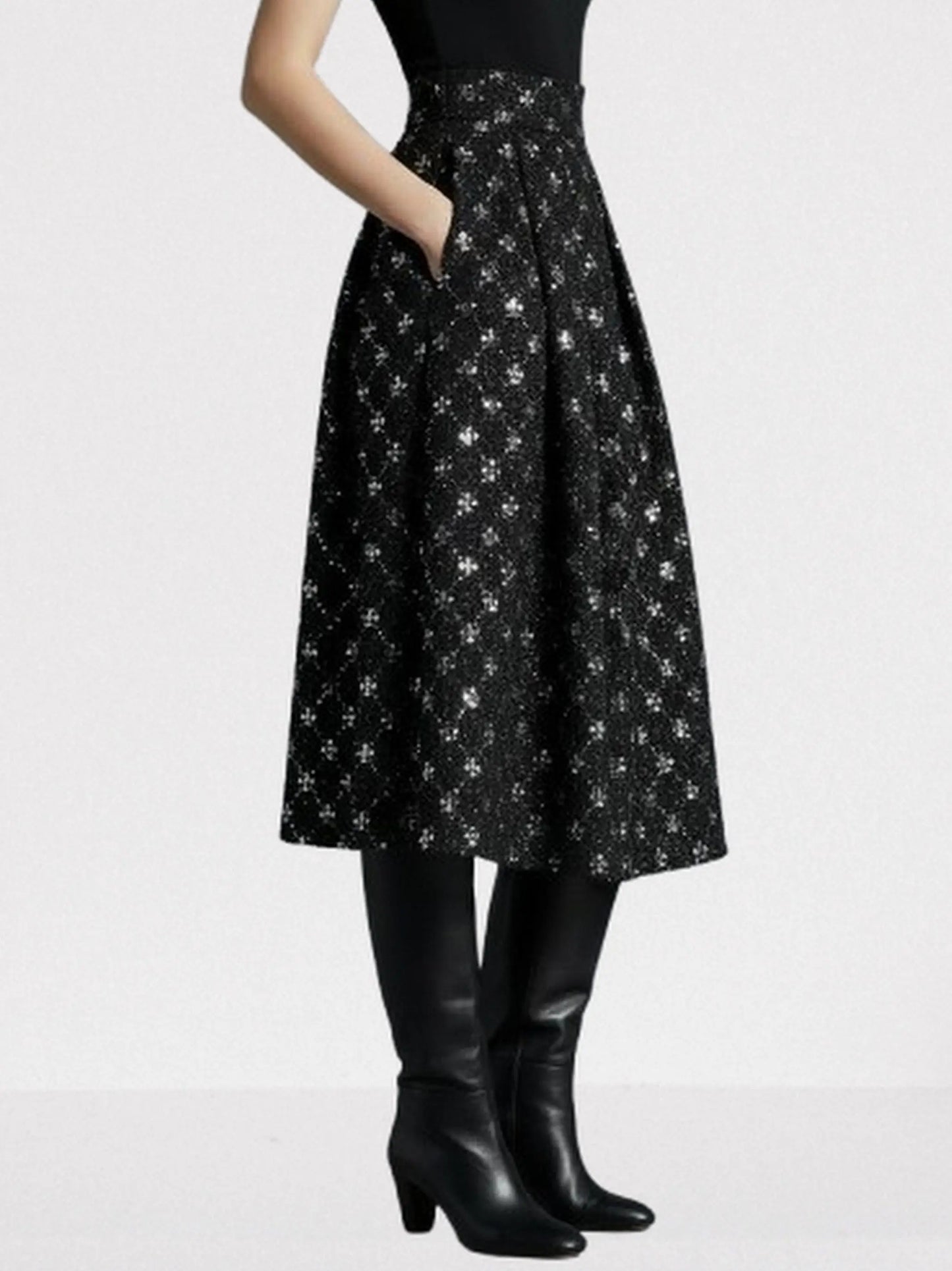 Black Sequin-Embellished Tweed Midi Skirt - Skirts