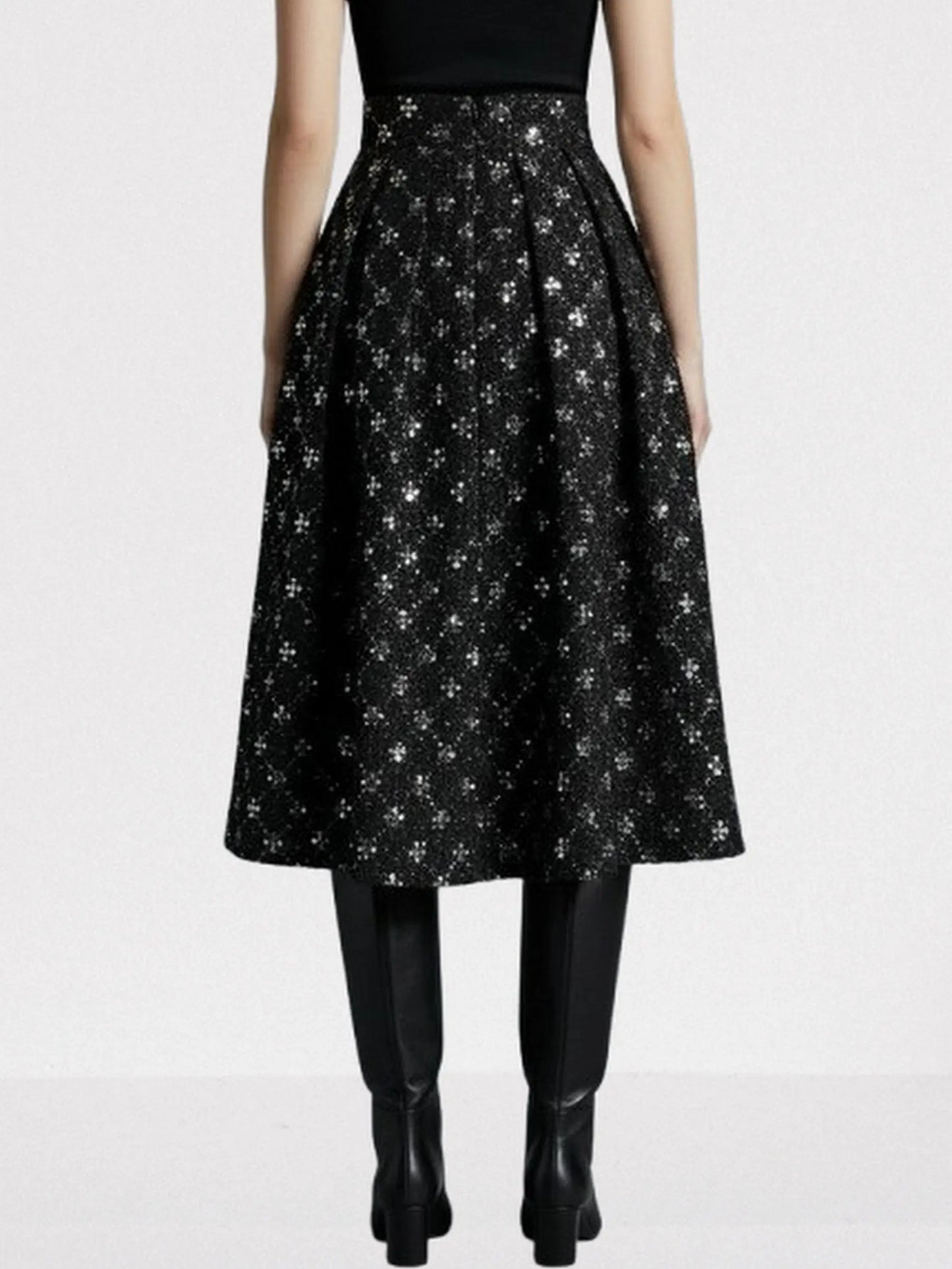 Black Sequin-Embellished Tweed Midi Skirt - Skirts