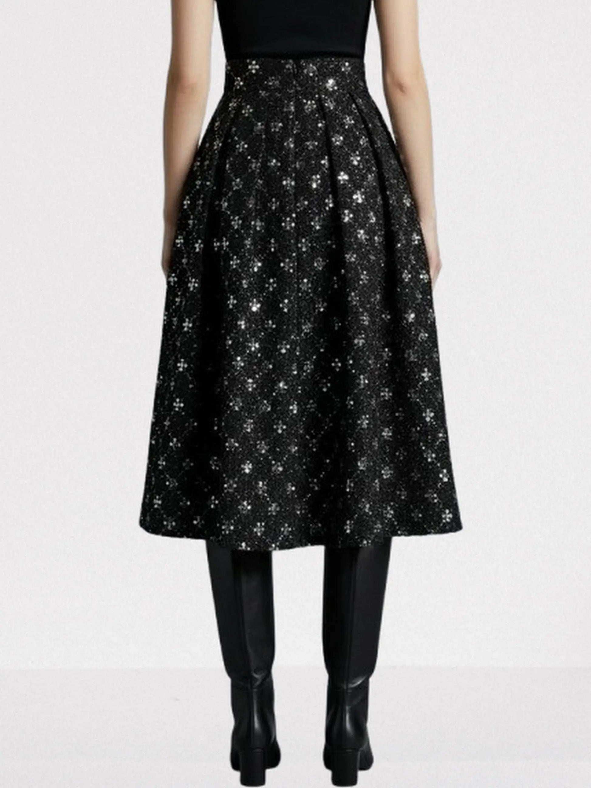 Black Sequin-Embellished Tweed Midi Skirt - Skirts