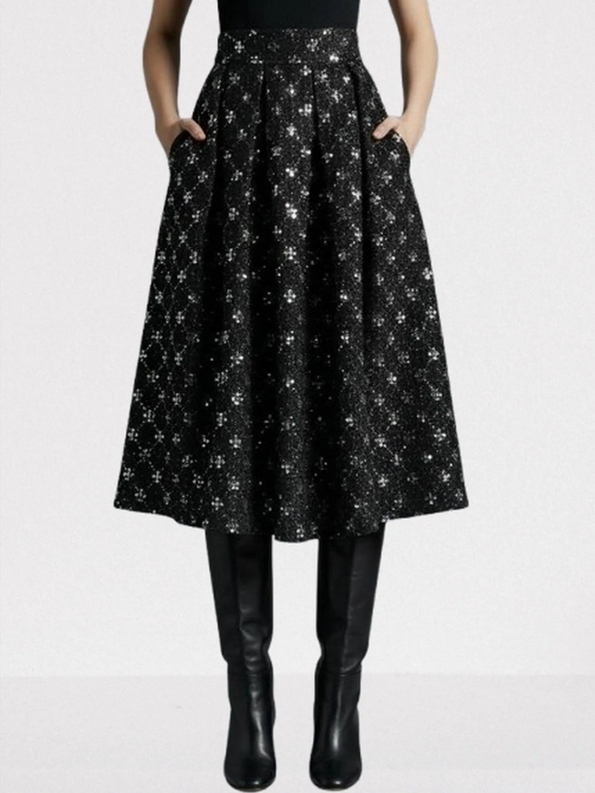 Black Sequin-Embellished Tweed Midi Skirt - Skirts