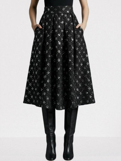 Black Sequin-Embellished Tweed Midi Skirt - Skirts