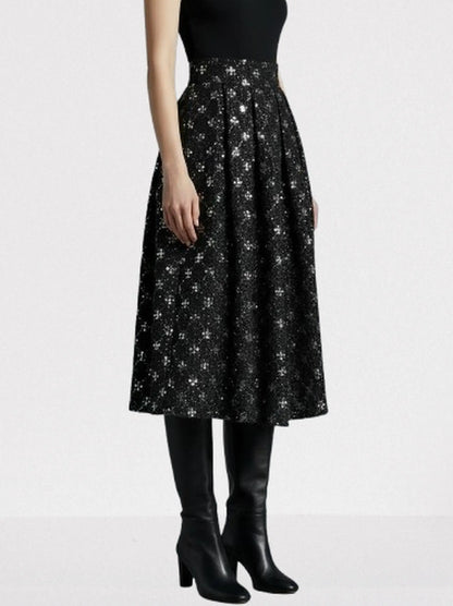 Black Sequin-Embellished Tweed Midi Skirt - Skirts