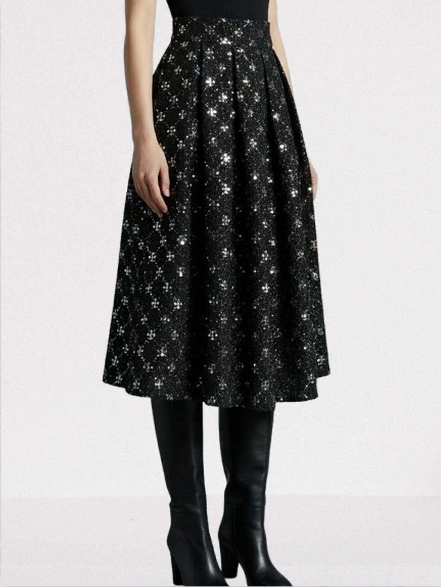 Black Sequin-Embellished Tweed Midi Skirt - Skirts