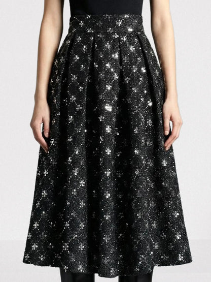 Black Sequin-Embellished Tweed Midi Skirt - Skirts