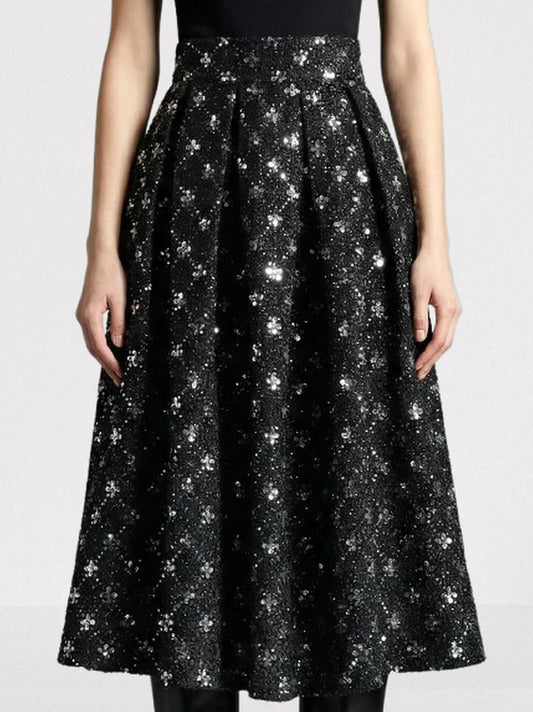 Black Sequin-Embellished Tweed Midi Skirt - Skirts