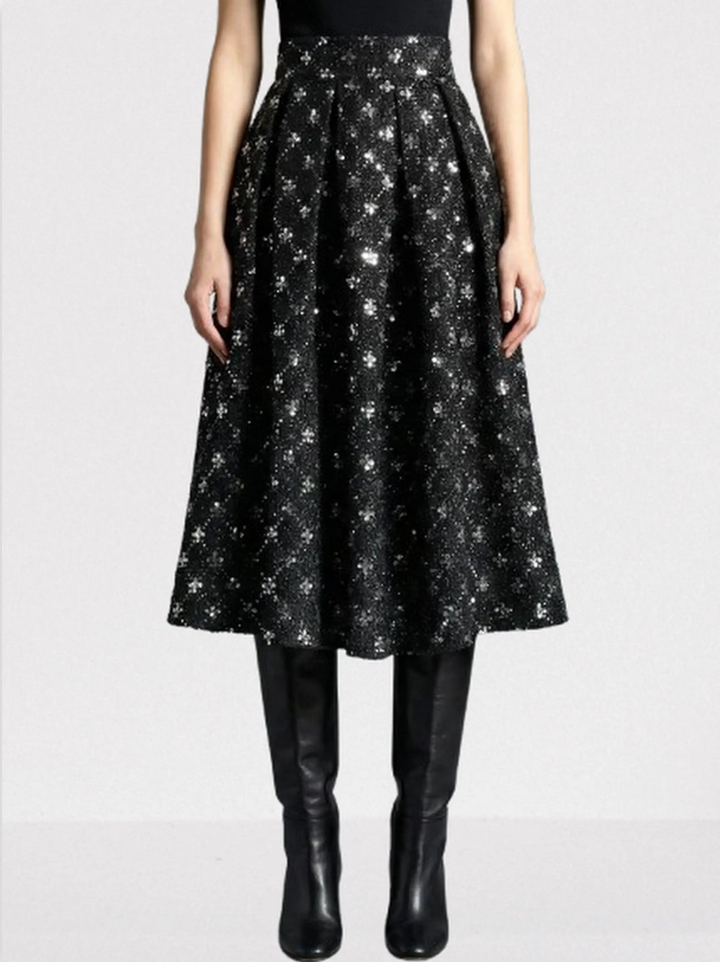 Black Sequin-Embellished Tweed Midi Skirt - S - Skirts
