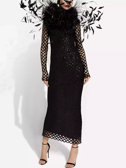 Black Sequin Embroidered Net Dress - Dresses