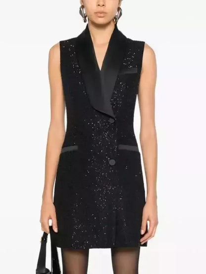 Black Sequin Vest Dress with Satin Trim - Dresses