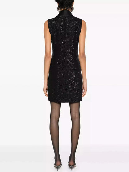 Black Sequin Vest Dress with Satin Trim - Dresses