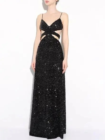 Black Sequined Cut Out Long Dress - Dresses