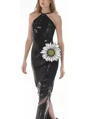 Black Sequined Dress with Daisy Embroidery - Dresses