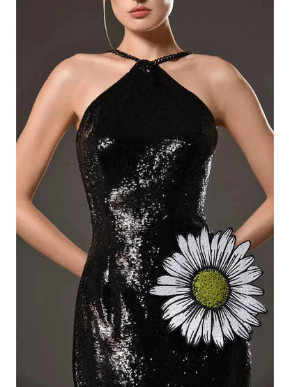 Black Sequined Dress with Daisy Embroidery - Dresses