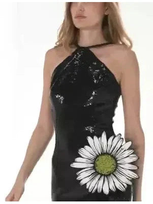 Black Sequined Dress with Daisy Embroidery - Dresses