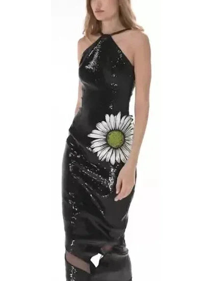 Black Sequined Dress with Daisy Embroidery - Dresses