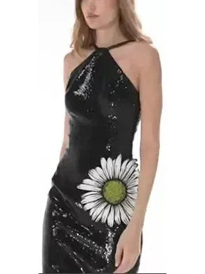 Black Sequined Dress with Daisy Embroidery - Dresses